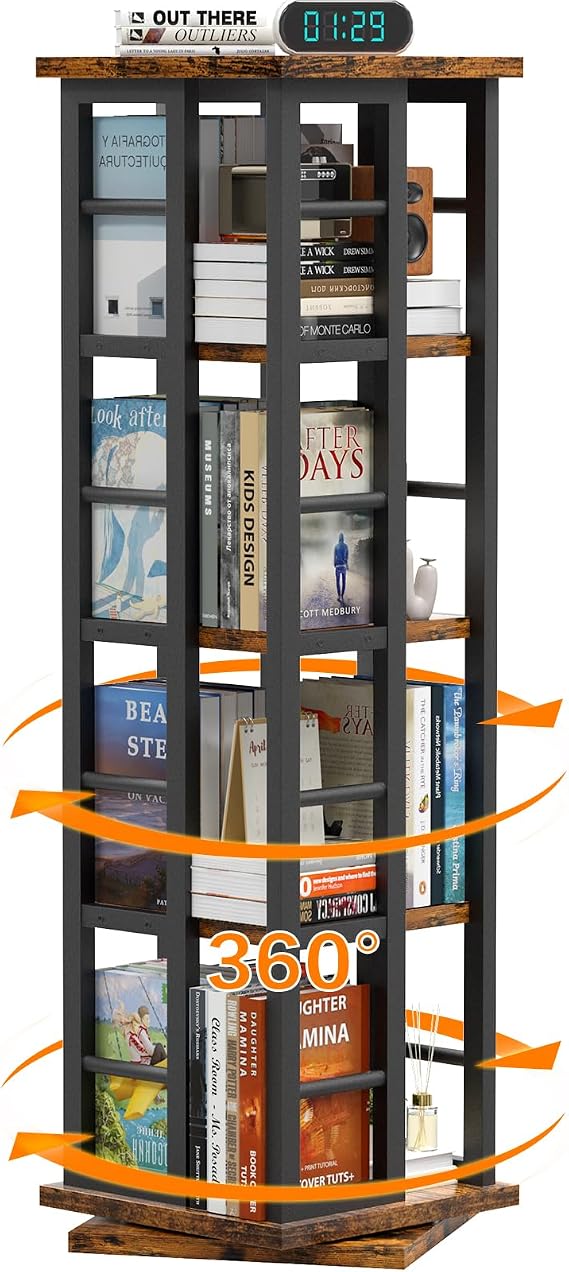 EasyCom Rotating Bookshelf, Metal Frame, 4-Tier Corner Bookshelf with Storage, Spinning Shelves for Living Room, Office, Brown