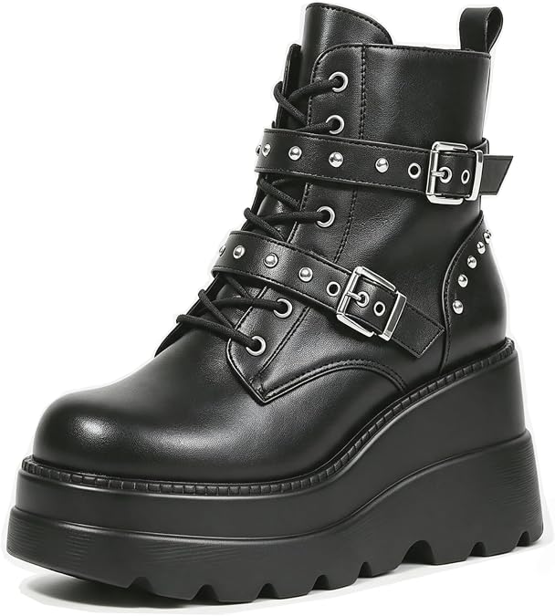 Gothniero Goth Platform Boots Black Gothic Chunky Heel Boots for Women Combat Ankle Wedge Booties with Side Zip Lace Up Size 3UK-8UK