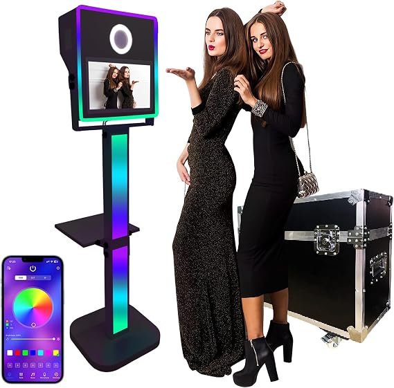 Portable Camera Mirror Photo Booth for with 15.6 Inch Touch Screen Selfie Photobooth Machine DSLR Booth with Flight Case for Wedding Party Event (Black Machine, 15.6 Inch Photo Booth Machine)