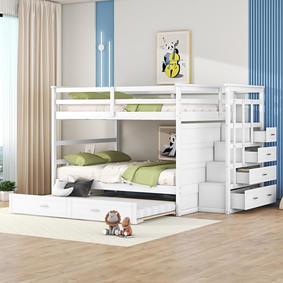 Full Over Full Size Bunk Bed with Twin Size Trundle, Wooden Bunk Bed Frame with Storage Staircase, Drawers, Space Saving, for Kids Boys Girls Adults, Assembly Easy, White