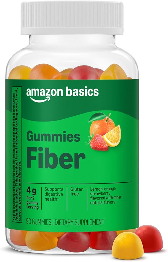 Amazon Basics Fiber 4g Gummy - Digestive Health, Supports Regularity, Orange, Lemon & Strawberry, 90 Gummies (2 per Serving), Packaging May Vary