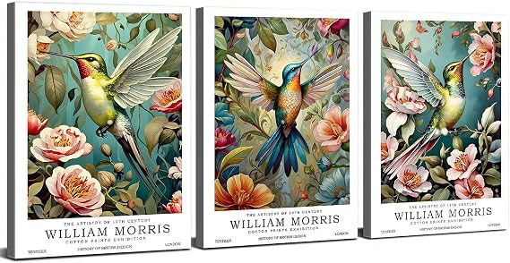 William Morris Prints Wall Art Hummingbird Floral Canvas Pictures William Morris Vintage Botanical Bird Posters Victorian Gallery Framed Artwork for Living Room Bedroom Hallway Office 30x40cm 3Pcs