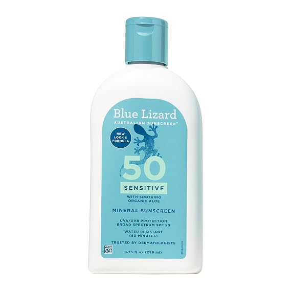 Blue Lizard SENSITIVE Mineral Sunscreen with Zinc Oxide, SPF 50+, Water Resistant, UVA/UVB Protection with Smart Bottle Technology - Fragrance Free, 8.75 oz.