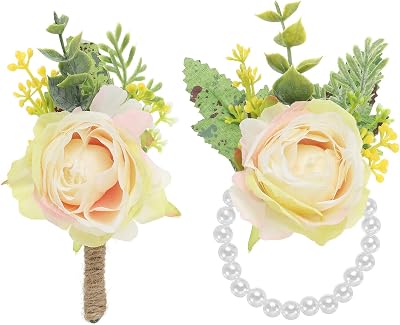 Home and Garden Parts 2 Pcs Rose Wrist Corsage and Boutonnieres Set Wedding Flower Wristlet Champagne #CN25102403288