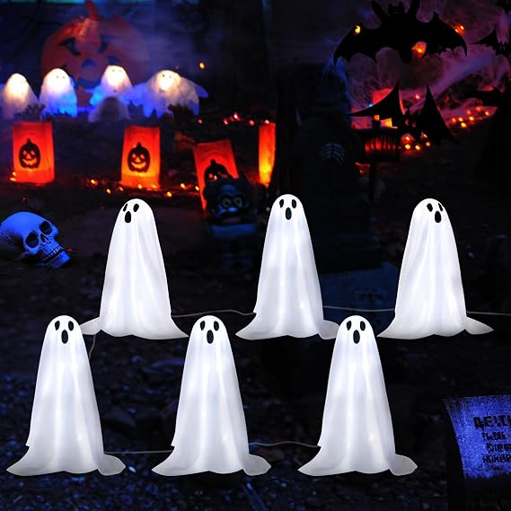 Halloween Decorations, 6 Pack Solar Ghost String Stake Lights 12.8 FT | 18.9" High White Cloth Ghost Stakes with 8 Lighting Modes, Waterproof Solar Outdoor Garden Yard Path Lights
