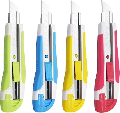 XW Snap-off Utility Knife,18mm Razor Blade Auto-lock Retractable Box Cutter of Assorted Colors, Total 12 Blades, 4-Pack