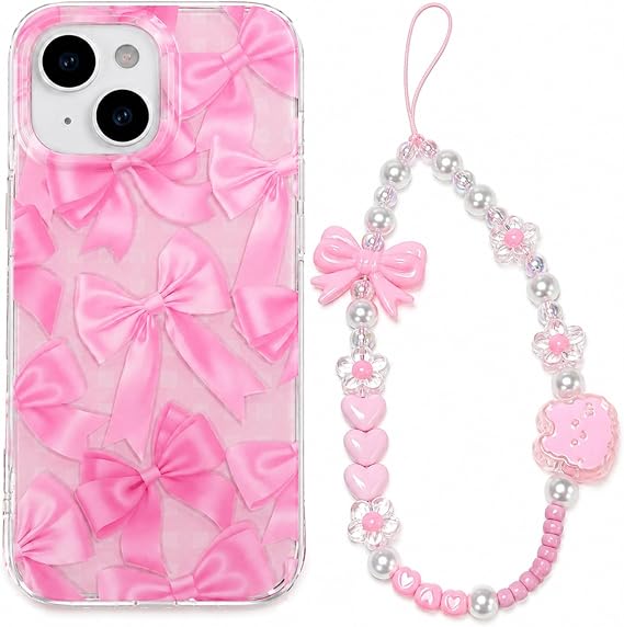Compatible with iPhone 13 iPhone 14 Case with Cute Kawaii Bowknot Pattern Case for Girls Women with Chain Wrist Strap Ribbon Design TPU Bumper Shockproof Protective Cover - Pink