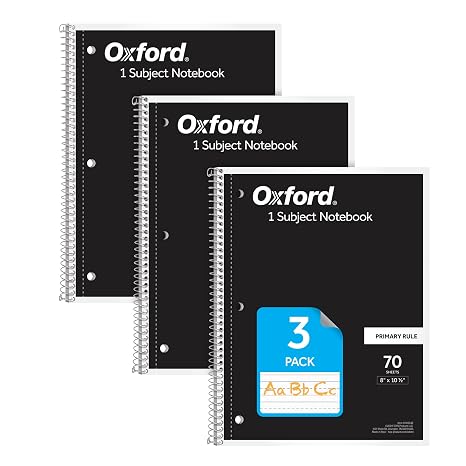 Oxford Primary Ruled Spiral Notebooks, Writing/Drawing Practice for Kids, Grades Pre-K, K-2, 70 Sheets, 8 x 10.5 Inches, Black, 3 Pack (1002542)