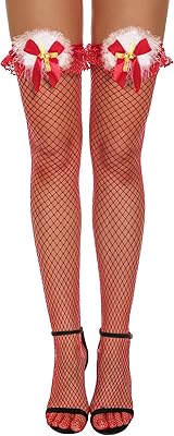 RSLOVE Women Christmas Thigh High Stockings Sexy Santa Fishnet Lingerie Red Hosiery Pantyhose