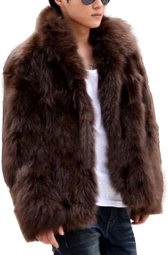 Men's Faux Fox Fur Coat Fashion Long Sleeve Parka Jacket Winter Warm Thick Outwear Short Thermal Foxes Coats (Brown,Medium)