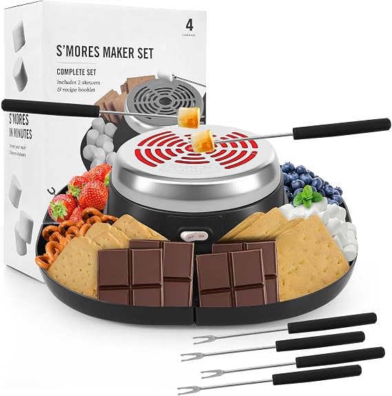 Electric S'mores Maker Tabletop Indoor Smores Kit, Flameless Electric Marshmallow Roaster, With 4 Marshmallow Roasting Sticks and 4 Trays Movie Night Supplies