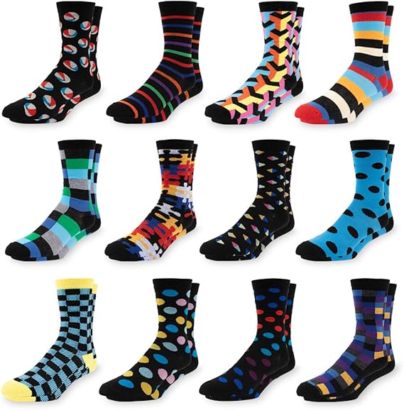 Men's Colorful Dress Socks - Fun Patterned Funky Crew Socks For Men - 12 Pack