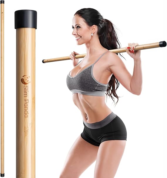 Slim Panda 5FT Yoga Stick - Natural Bamboo Stretching Stick with Non-Slip Caps - 1.57" Thick Exercise Balance Pole for Posture Correction & Physical Therapy