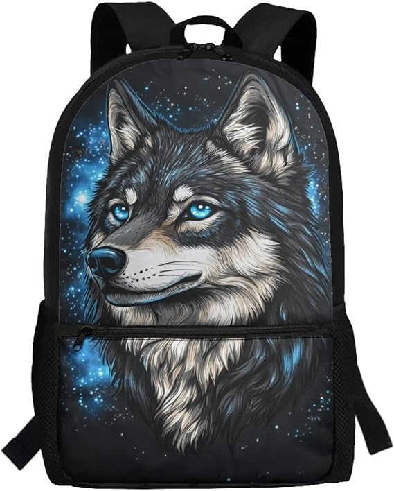 Gomyblomy Blue Galaxy Wolf Backpack for Boys 6-8 8-10 10-12 Kids School Bag Large Capacity School Backpack for Elementary Middle Schoolbags 17 Inch Teens Bookbag Travel Daypack