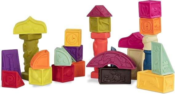 B. toys Elemenosqueeze Baby Blocks, 26 Soft Alphabet Building Blocks | Soft sort and stack baby blocks with 26 squishy pieces, embossed A-Z letters, animals, and shapes for building, 6+ Months