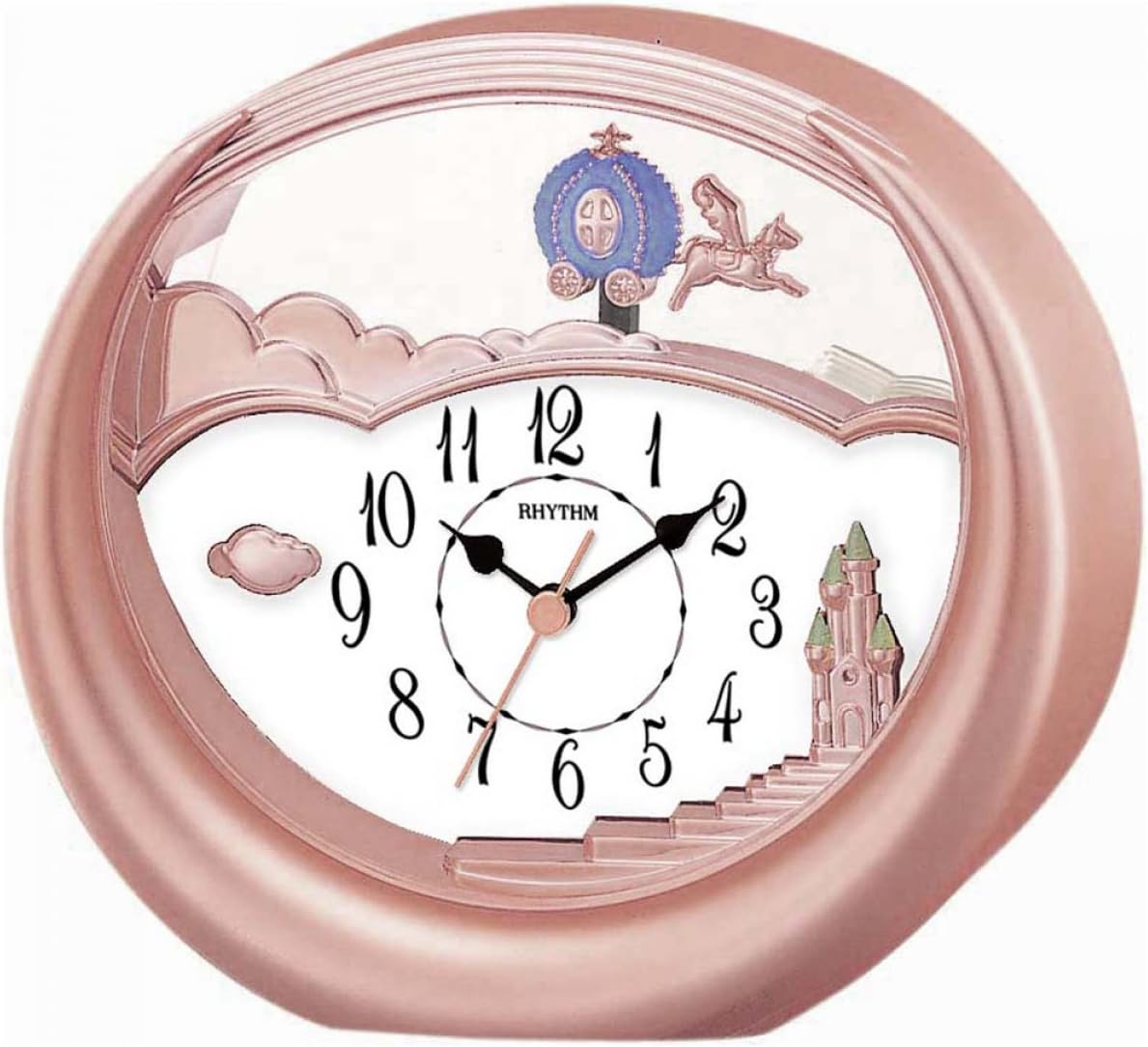 Rhythm Enchanted Dreams Mantel Clock Rose Gold with Pumpkin Carriage Pendulum and Unicorn