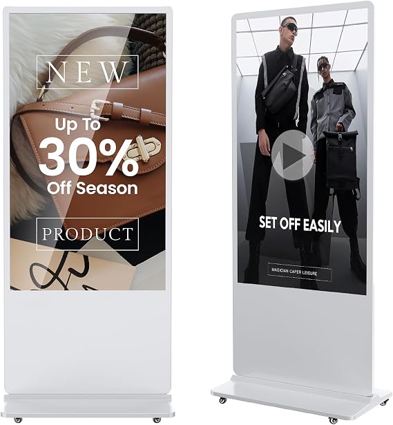 65 Inch 4K Digital Signage Display,Indoor Floor Standing Digital Kiosks & Interactive Displays,Commercial Advertising LCD Totem Android System Auto Media Player HDMI Input,Free Custom Logo,White
