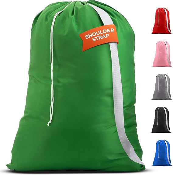 Handy Laundry Bag with Shoulder Strap 30"x40", Extra Large, Green | Washable Nylon, Holds 3+ Loads of Dirty Clothes, Drawstring, XL Sack for Travel, College Dorm, Camp, Laundromat, Green