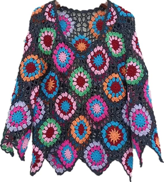 White Crochet Top Women Long Sleeve Blouse V Neck Granny Square