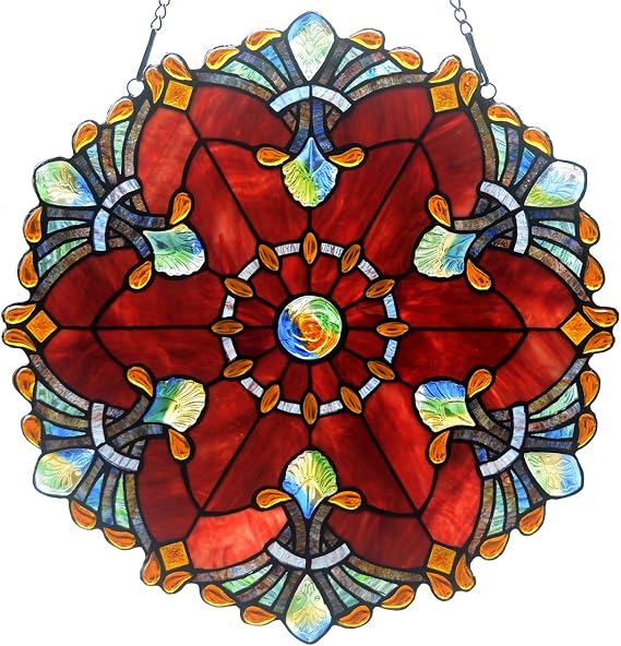 Bieye W10041 Baroque Tiffany Style Stained Glass Window Panel with Chain, 18-inch Wide Round Shape, Red