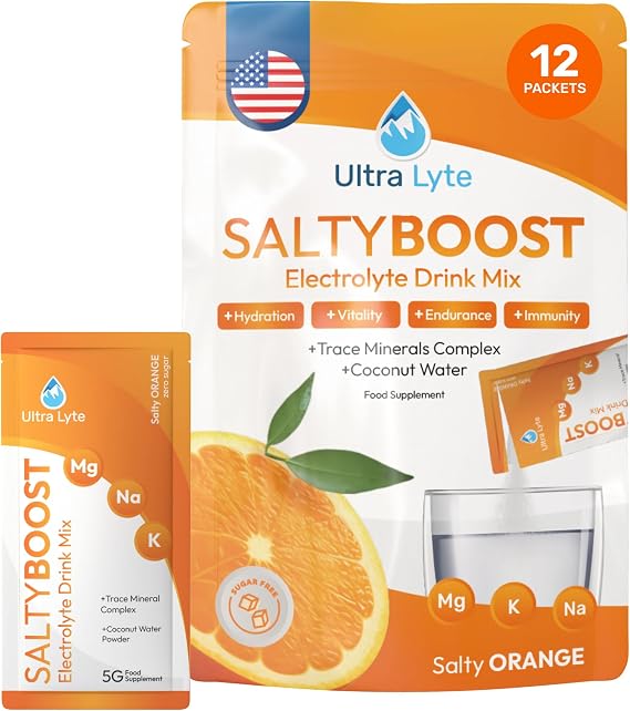 Ultra Lyte Electrolytes Drink Mix Sachets - Sugar-Free Electrolytes Powder with High Sodium, Trace Minerals and Coconut Water - Rehydration for Fitness (12 Sachets, Salty Orange)