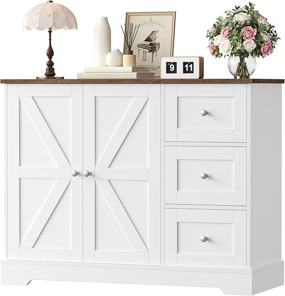 HOCSOK Sideboard, Kitchen Storage Cupboard with 3 Drawers and 2 Doors