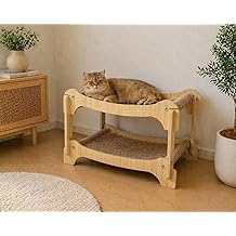 PUREZA Ahşap İki Katlı Kedi Yatağı & Dinlenme Standı – Hasır Yüzeyli (Çift Katlı Tasarım)