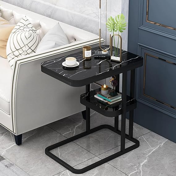 C Shaped End Table with Storage,C Side Table for Couch,Living Room,Bedroom and Small Spaces Snack Tables,Black