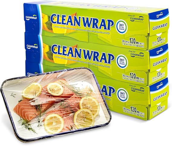 CLEANWRAP Plastic Wrap for Food, Easy-Tear, 11.81 in x 393.7 ft, 3 Rolls | BPA-free, Microwave-safe & Food-Safe Clear PE Wrap for Sealing Bowls, Plates and Keeping Leftovers and Baked Food Fresh.
