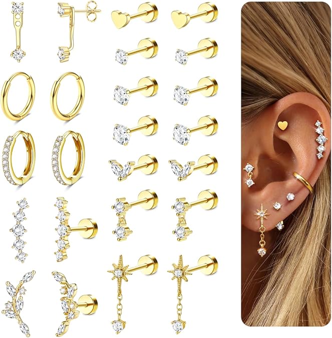 LOLIAS Hypoallergenic Flat Back Earrings-Cartilage Earring Stacks-Surgical Steel Earrings for Sensitive Ears - Small Stainless Steel Flatback Stud Hoop Earring Sets for Helix Tragus Conch Daith Multiple Piercing Jewelry Trendy