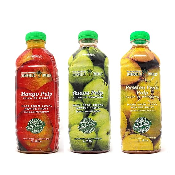 Jungle Pulp Passion Fruit, Guava and Mango Bundle Puree Costa Rica Blend For Cocktails, Pastries, Smoothies, Ice Tea and Ice Cream. 3 Flavor Pack (33.8oz each)