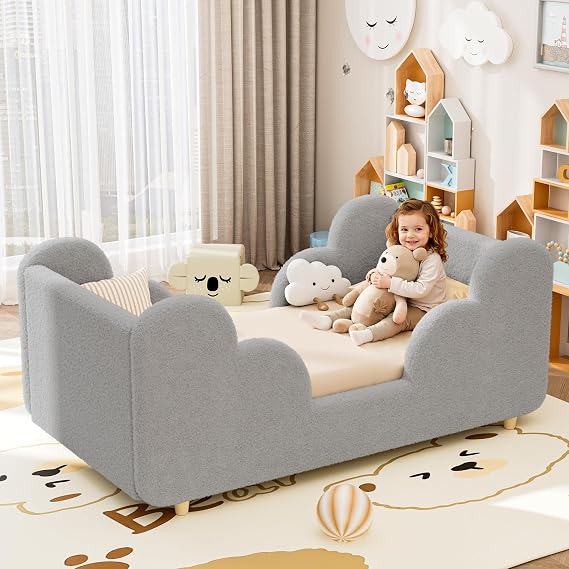 Toddler Bed, Toddler Floor Bed Upholstered, Crib Size Toddler Bed Frame | Cloud-Shaped Toddler Bed,Premium Soft-Touch Materials ,Reinforced Wood Slats , Detachable Legs,Standard Crib Size