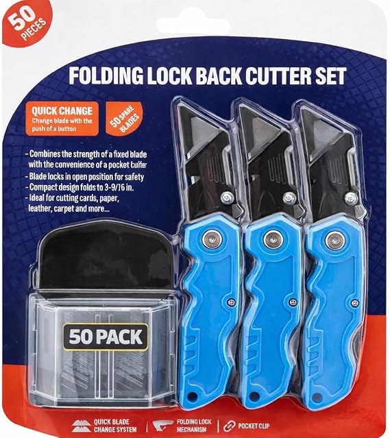 3-Pack Folding Cutter Set with 50 Extra Blades, Quick Change, Lock Back Design, Heavy Duty, Ergonomic Handle for Cardboard, Carpet & DIY Use