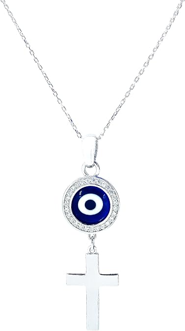 9600 LuckyEye Silver Cross Evil Eye Necklace
