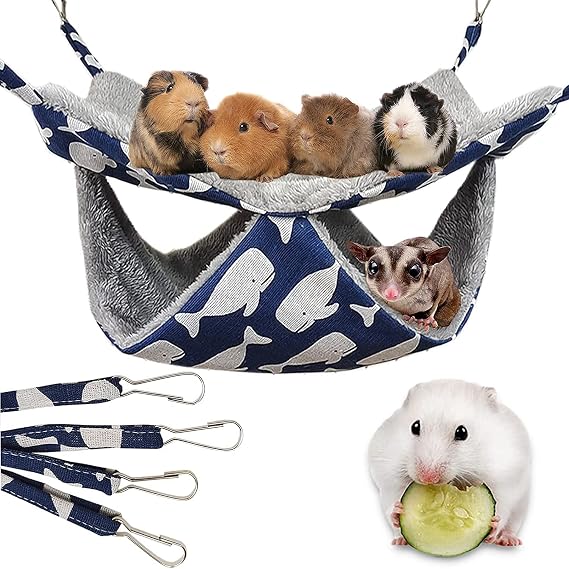 Pet Cage Hammock, 2-Layer Hamster Hanging Bed Plush Sugar Glider Cage Chinchilla Swing Nest Guinea Pig Nap Sack Warm Ferrets Hideout Accessories Toy for Small Animals Rat Rabbit Squirrel (S-Whale)