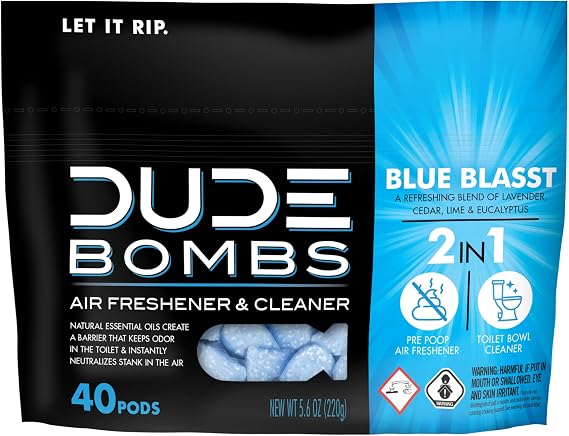 DUDE Wipes DUDE Bombs Toilet Bowl Stank Eliminator, Air Freshener, 40 Count | 1 pack of 40 pre-poop toilet pods. 2-in-1 bathroom deodorizer and toilet bowl cleaner. Lavender, cedar, lime, eucalyptus.