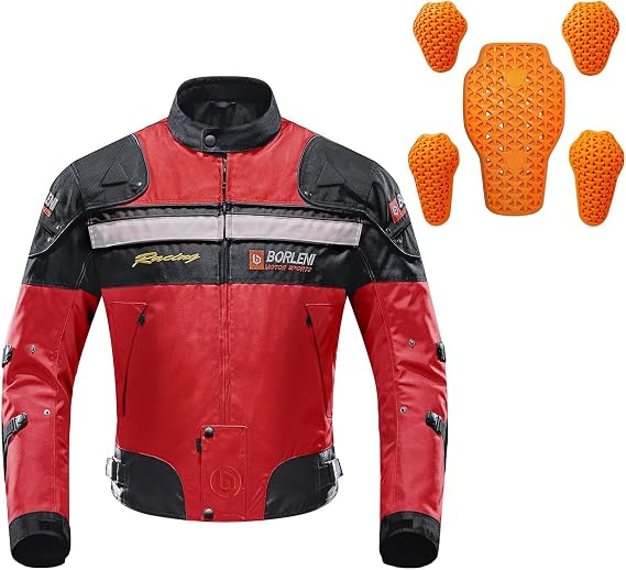 BORLENI Motorcycle Jacket Red L and Motorcycle Armor Set (Elbow Shoulder and Back Certified)