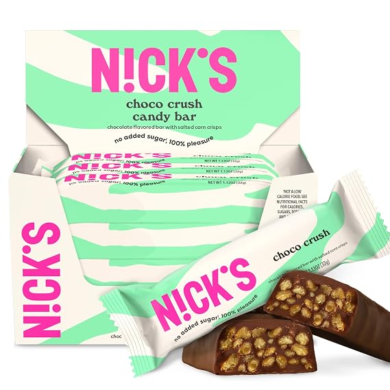 N!CK'S Choco Crush Chocolate Candy Bar with Salted Corn Puffs, No Added Sugar, Gluten Free, 160 Calories, 1.13 oz 15-Pack (32g Each)