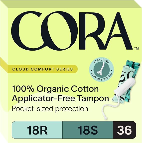 Cora 100% Organic Cotton Non-Applicator Tampons (36 Regular/Super Tampons)