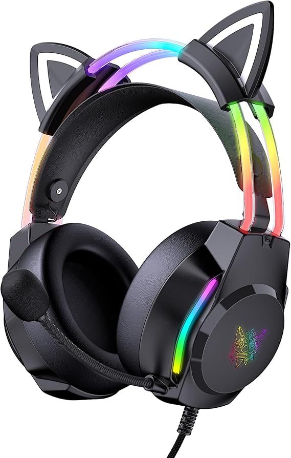 Gaming Headset with Microphone, Cat Ears Headphones for PC/PS4/PS5/XBOX/Switch, RGB Backlight & Virtual Surround Sound, Lightweight Over Ear Headphones with Auto-Adjustable Headband