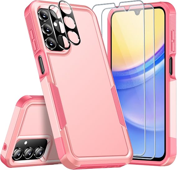 SPIDERCASE for Samsung Galaxy A15 5G Case,[12 FT Military Grade Drop Protection] 2 Pack [Glass Screen Protector + Camera Lens Protector] Heavy Duty Shockproof Case for Samsung A15 5G,Pink