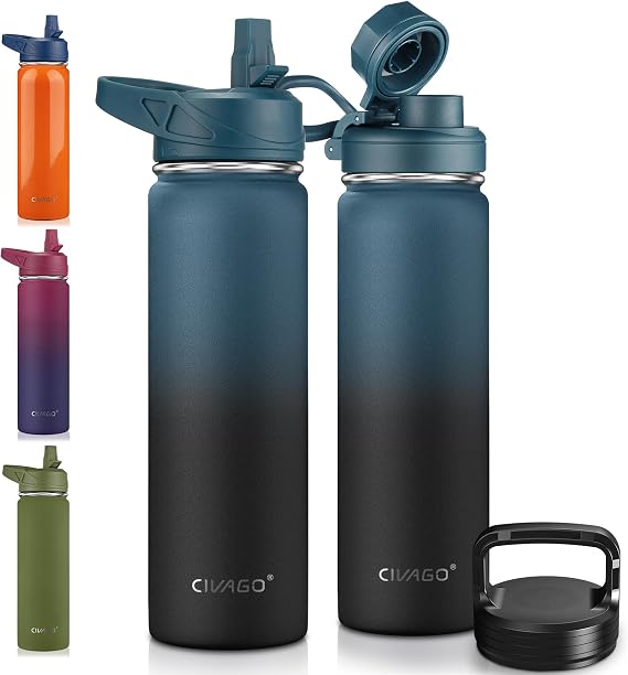 CIVAGO 22 oz Insulated Stainless Steel Water Bottle With Straw and 3 Lids | Large Metal Sports Water Jug, Leakproof Reusable Wide Mouth Thermal Flask Cup with Silicone Boot, BPA-Free, Indigo Black