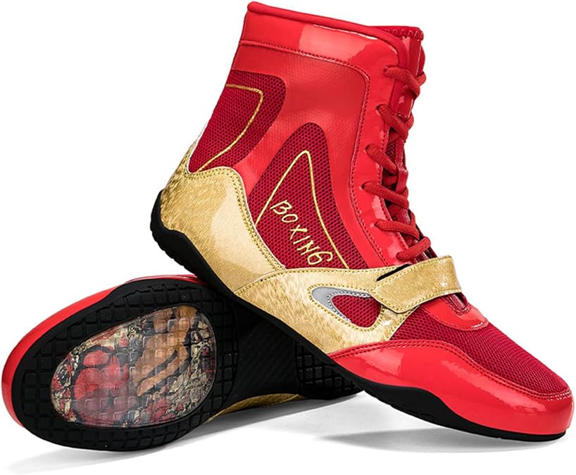 Gold Boxing Shoes for Men, Red Boxing Shoes Professional Wrestling Fighting Training Combat Boots High Top Fitness Sneakers