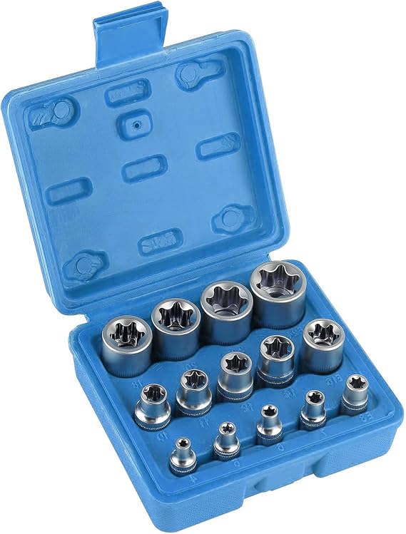 E-Torx Star Socket Set E4 E5 E6 E7 E8 E10 E11 E12 E14 E16 E18 E20 E22 E24 Torx Socket Spanner Set 1/2 inch 1/4 inch 3/8 inch with Storage Box (Blue)