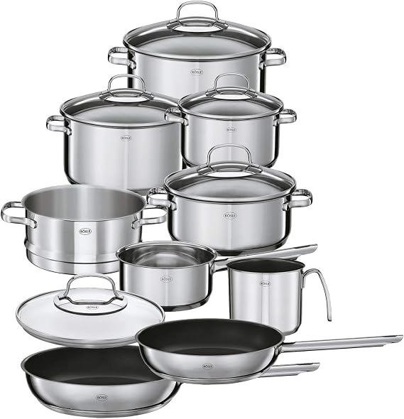 RÖSLE Elegance 10-Piece Pot Set 6 Cooking Pots 1 Steamer Insert 2 Frying Pans 18/10 Stainless Steel with Glass Lid and Inner Scale Dishwasher Safe