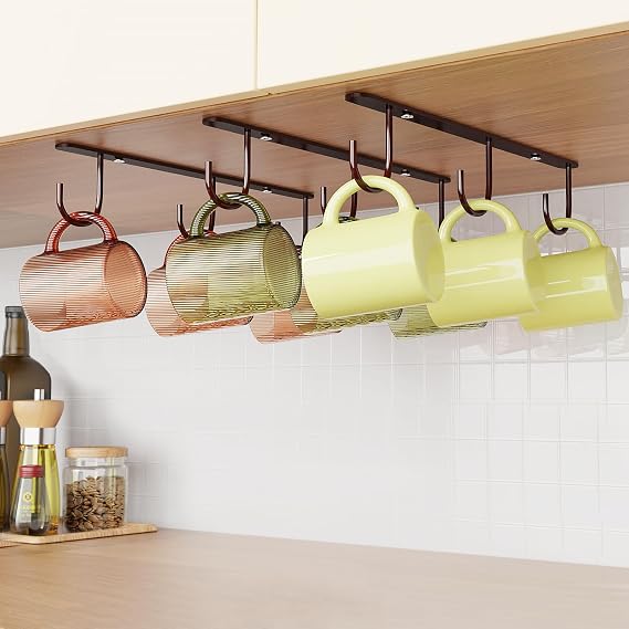 3 Pack Mug Hooks Under Cabinet with 9 Hooks for Displaying Mugs, Brown
