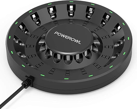 POWEROWL 16 Bay AA AAA Battery Charger Updated, High Speed Charging with Smart LED Light and Plug, for NIMH NICD Rechargeable Batteries and More