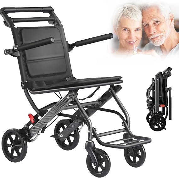 Ultralight Transport Wheelchair - Portable Folding Transport Travel Chair with Hand Brakes and Adjustable Armrests, Aluminum Alloy Mini Wheelchairs Trolleys for Adults and Seniors, Up to 220Lbs