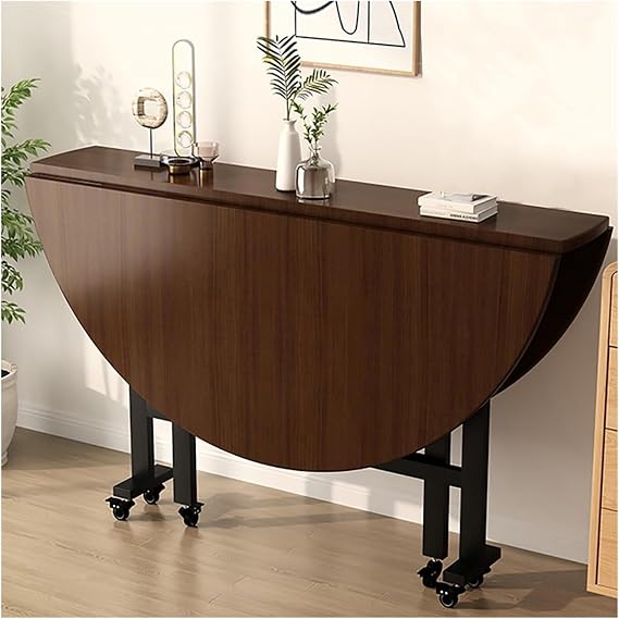 Round Drop Leaf Kitchen Dining Table with Wheels, Wood Versatile Collapsible Extension Dinner Kitchen Office Desk Table, Space Saving Folding Dining Table,Butterfly Table(Brown,100CM/39.3IN)