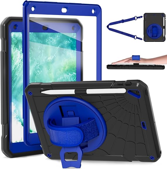 Case for iPad 6th/5th Generation 9.7'' with Screen Protector Pencil Holder [360 Rotating Hand Strap] &Stand, Drop-Proof Case for iPad 6th/5th/ Air 2/ Pro 9.7-Black+Blue